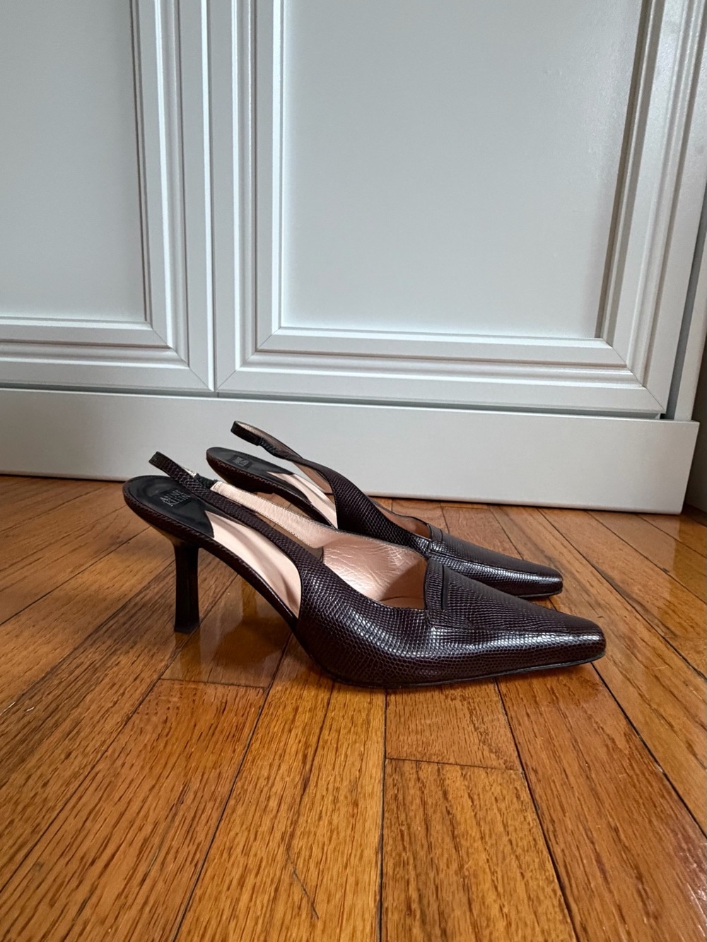 Vintage 90s Anne Klein Brown Lizard Embossed Leather Pointed Slingback Heels 10